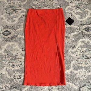 NEW Lulus Women’s Orange Ribbed Midi Skirt Bodycon Front Slit Large